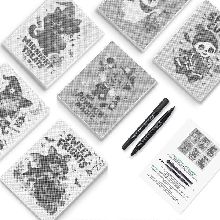 Six Halloween lettering and character dot canvases with black markers