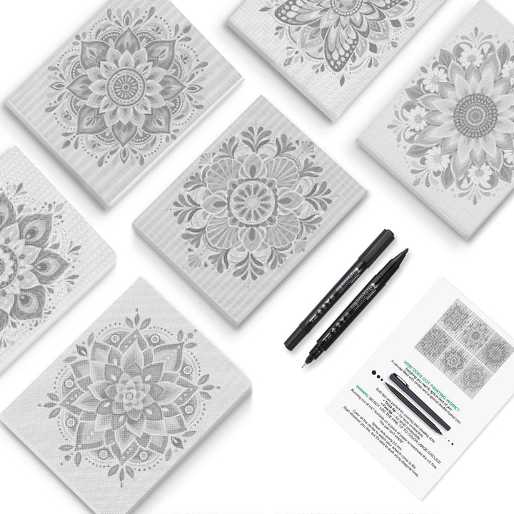 Round Mandala Medallions Dot Painting Mini Set - PaintEasy dot painting mini set, circular mandalas built from layered petals and lace rings, cover