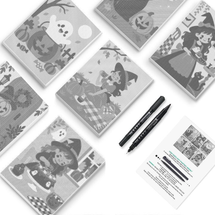 Halloween costume party dot canvas set with six designs and two black markers
