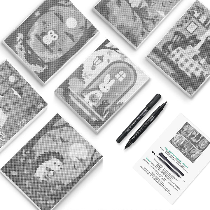 Six Halloween dot canvases with ghosts in windows and moonlit scenes