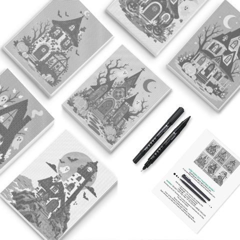 Haunted Village Halloween Dot Painting Mini Set - PaintEasy dot painting mini set, crooked haunted houses, bare trees and lantern-lit spooky lanes, cover