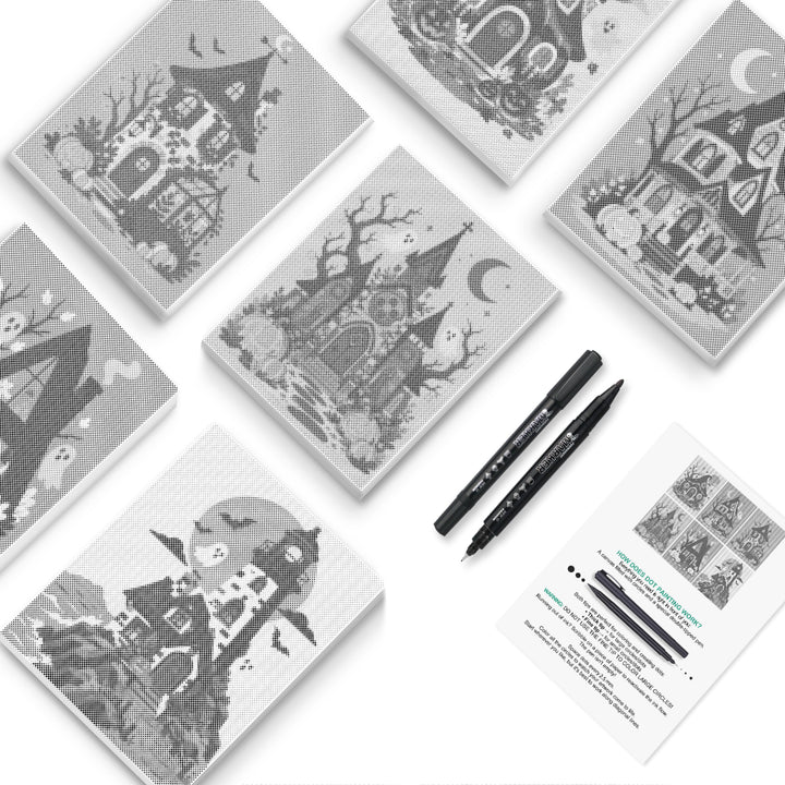 Haunted Village Halloween Dot Painting Mini Set - PaintEasy dot painting mini set, crooked haunted houses, bare trees and lantern-lit spooky lanes, cover