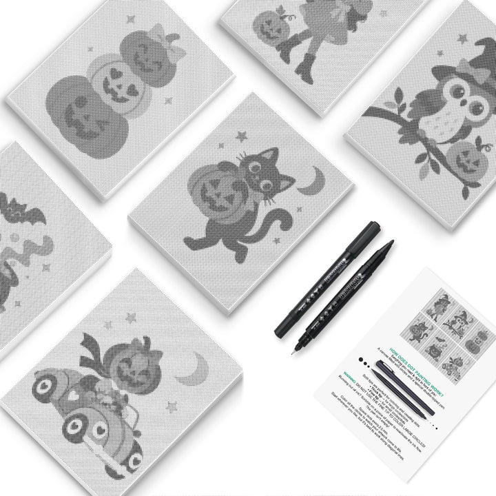 Pumpkins, ghosts, cats and owls stacked in six Halloween dot designs