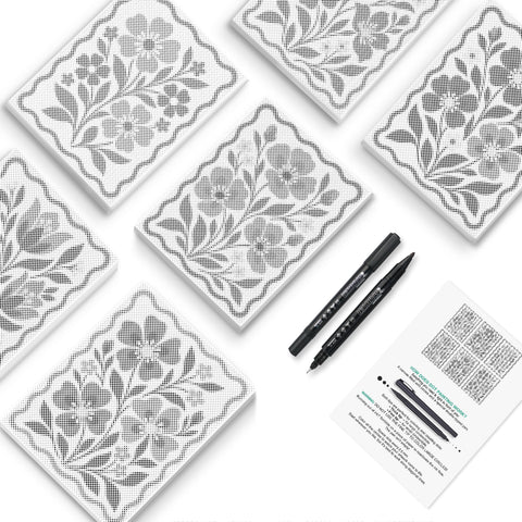 Folk Floral Tiles Dot Painting Mini Set - PaintEasy dot painting mini set, ornate floral tiles and quilt-style flower frames with scalloped borders, cover