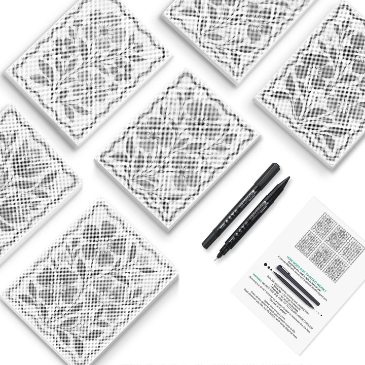 Folk Floral Tiles Dot Painting Mini Set - PaintEasy dot painting mini set, ornate floral tiles and quilt-style flower frames with scalloped borders, cover