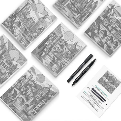 London Skyline Doodles Dot Painting Mini Set - PaintEasy dot painting mini set, Big Ben, Tower Bridge and European domes under doodle suns, cover