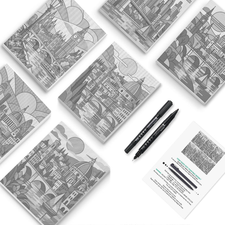 London Skyline Doodles Dot Painting Mini Set - PaintEasy dot painting mini set, Big Ben, Tower Bridge and European domes under doodle suns, cover