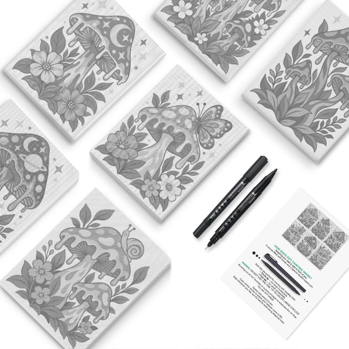 Mushroom Garden Magic Dot Painting Mini Set - PaintEasy dot painting mini set, spotted mushrooms with flowers, snails, moon and butterflies, cover
