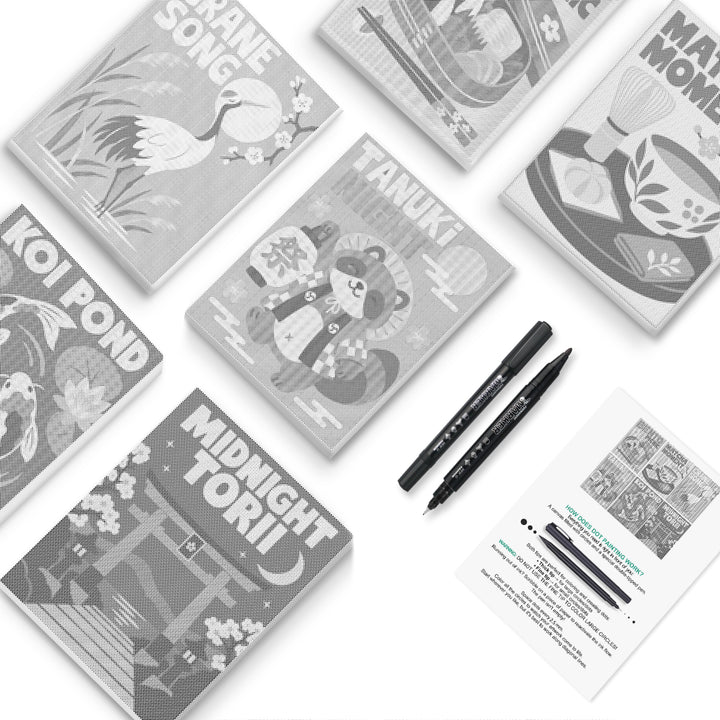 Japan Travel Posters Dot Painting Mini Set - PaintEasy dot painting mini set, Crane Song, Koi Pond, Midnight Torii and Taiyaki poster lettering, cover