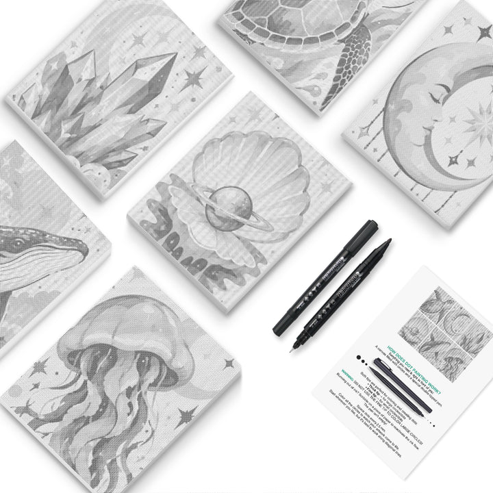 Moonlit Sea Crystals Dot Painting Mini Set - PaintEasy dot painting mini set, whale, jellyfish, pearl shell and crescent moon with crystals, cover