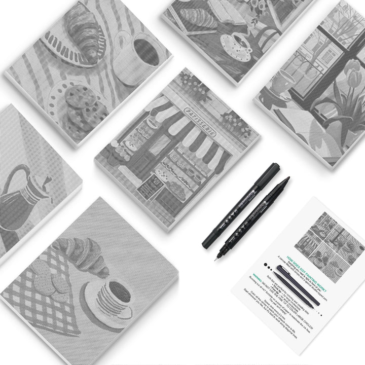 Paris Cafe Mornings Dot Painting Mini Set - PaintEasy dot painting mini set, croissant and coffee, bistro awnings and a cat at the window, cover