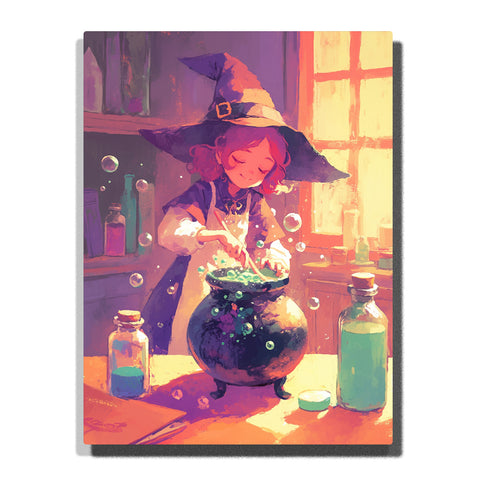 Paint by Numbers Kit – A Young Witch Stirring a Glowing Potion in a Sunlit Cottage, Surrounded by Bottles, Bubbles, and Warm Morning Light – PaintEasy