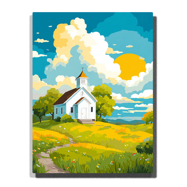 Sunny Hilltop Chapel in Blooming Fields – Bright Morning Faith & Cheerful Blue Sky Paint by Numbers Kit | PaintEasy