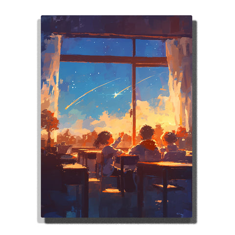 Paint by Numbers Kit – Children Sitting Quietly in a Classroom Watching Falling Stars Through a Sunset Window in a Gentle Coming-of-Age Dream Scene – PaintEasy