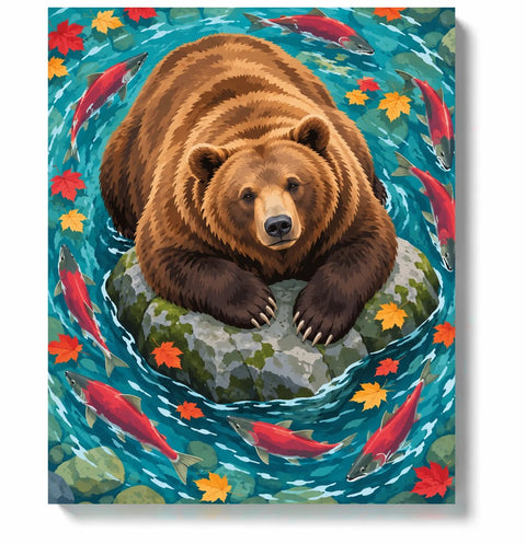 Resting Bear in an Autumn River Circle paint by numbers canvas artwork on a white background