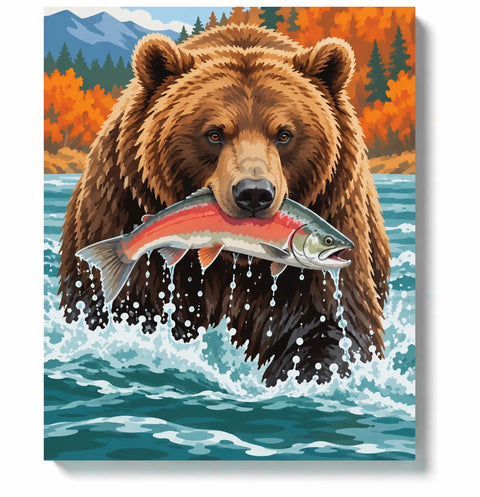 Bear Carrying a Salmon Through Turquoise Water paint by numbers canvas artwork on a white background