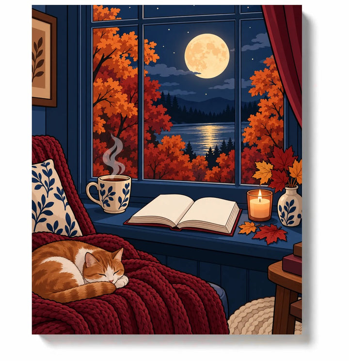 Cozy reading window with tea, an open book, sleeping cat and a glowing full moon paint by numbers canvas artwork on a white background