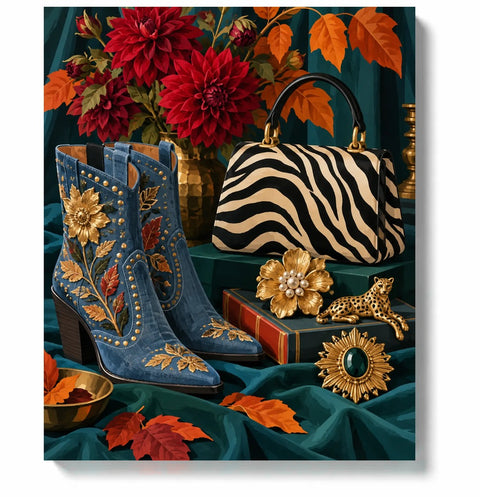 Embroidered Boots and Zebra Bag Still Life paint by numbers canvas artwork on a white background