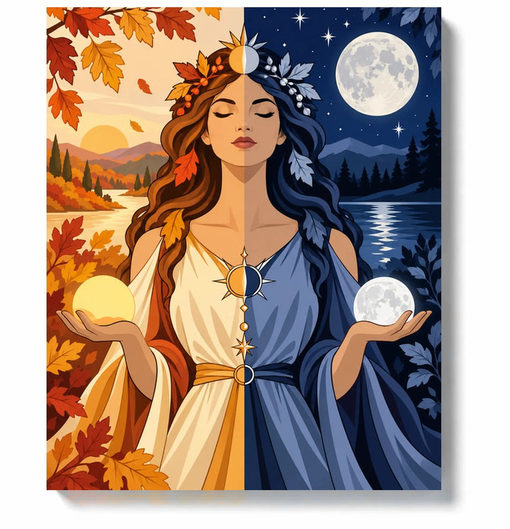 Equinox Goddess of Day and Night paint by numbers canvas artwork on a white background