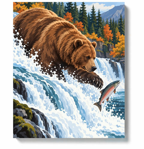 Brown bear catching salmon paint by numbers canvas artwork on a white background