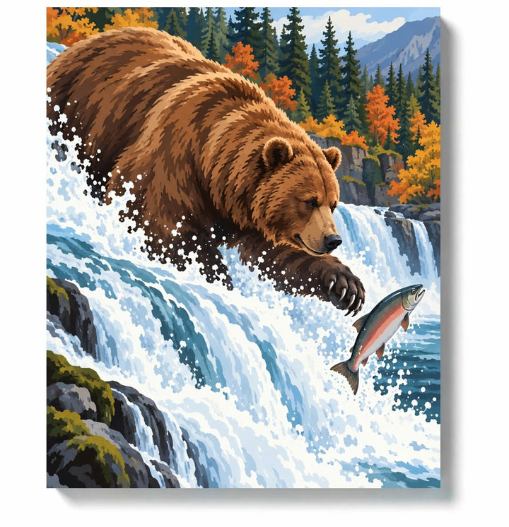 Brown bear catching salmon paint by numbers canvas artwork on a white background