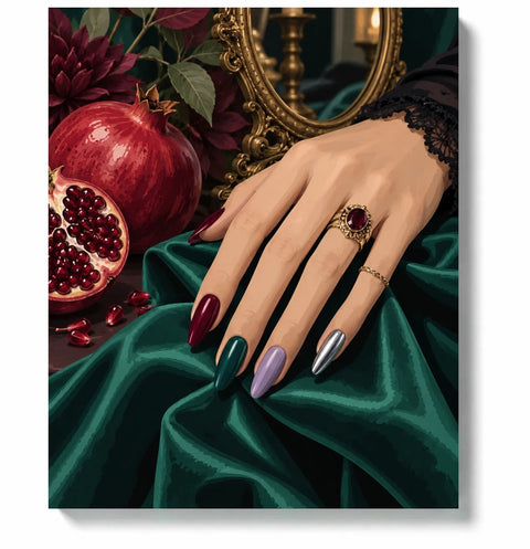 Garnet Nails Hand Study on Emerald Satin paint by numbers canvas artwork on a white background