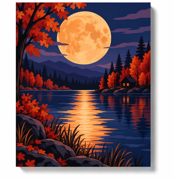 Harvest Moon Over an Autumn Lake paint by numbers canvas artwork on a white background