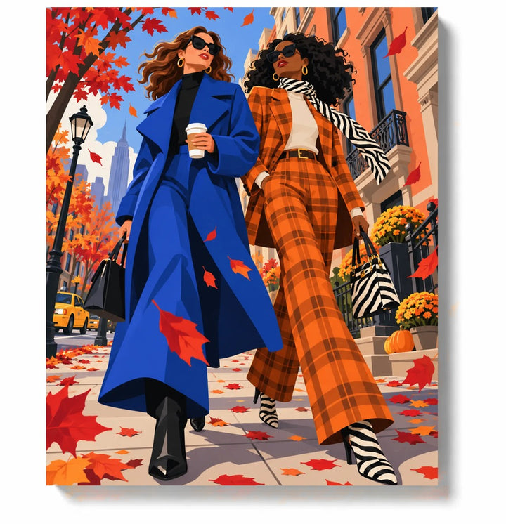 Pattern Play Friends on an Autumn Street paint by numbers canvas artwork on a white background