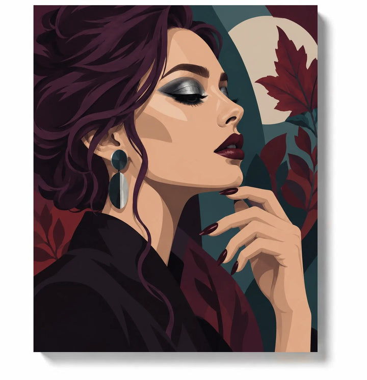 Plum Lips Profile with Autumn Shapes paint by numbers canvas artwork on a white background