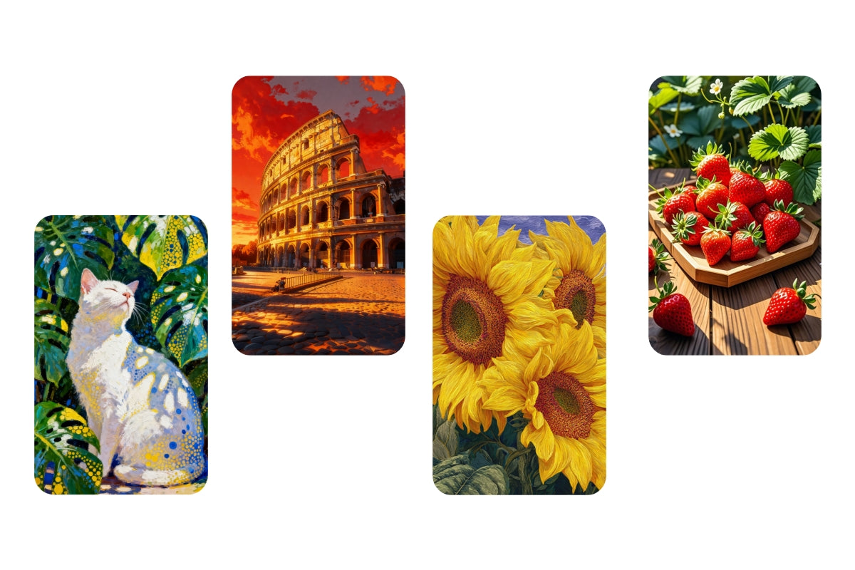 Four paint by numbers designs showing a cat, Colosseum, sunflowers, and strawberries