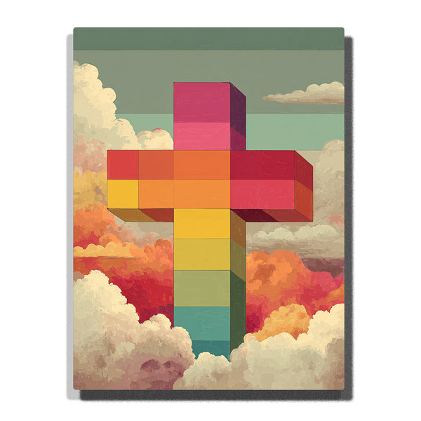 Rainbow Block Cross in Cloud Heaven – Colorful Faith & Dreamy Skies Paint by Numbers Kit | PaintEasy