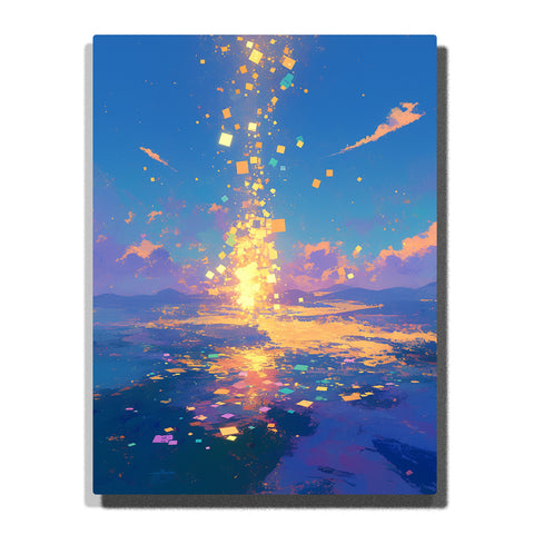 Paint by Numbers Kit – A Sky of Falling Light Shards Cascading Into a Dreamlike Ocean at Sunset, Surrounded by Soft Clouds and Radiant Glow – PaintEasy