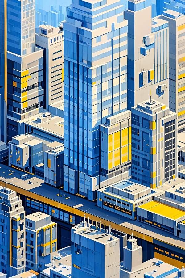 Paint by Numbers：Minimalist Metropolis Blue, Yellow, and Gray Impression, Overlooking the Geometric Aesthetics of a Modern City, Feel Calmness and Order DIY