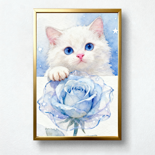 Paint by Numbers: White Kitten with Blue Rose and Stars