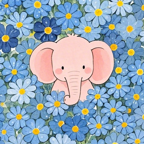 Paint by Numbers: Baby Elephant Among Blue Daisies