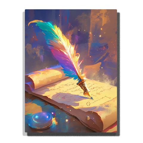 Paint by Numbers Kit – Enchanted Rainbow Quill Writing on an Ancient Spell Scroll Under Warm Magical Light – PaintEasy