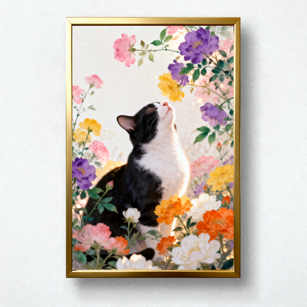Paint by Numbers: Black and White Cat in a Sea of Colorful Flowers