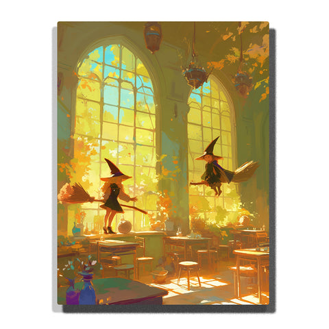 Paint by Numbers Kit – Two Young Witches Practicing Gentle Broom Flight in a Sunlit Classroom Filled with Golden Afternoon Magic – PaintEasy