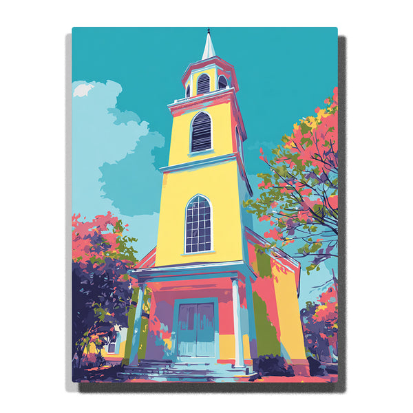 Sunny Yellow Chapel Tower – Bright Faith & Colorful Springtime Skies Paint by Numbers Kit | PaintEasy