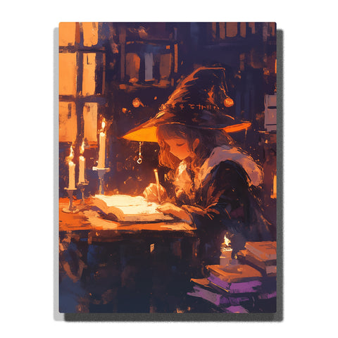 Paint by Numbers Kit – A Quiet Young Witch Writing in a Glowing Spellbook Surrounded by Warm Candlelight in a Dark Enchanted Library – PaintEasy