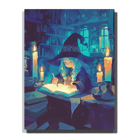 Paint by Numbers Kit – A Young Witch Studying in a Candlelit Library While Writing in a Glowing Spellbook Under Soft Enchanted Night Light – PaintEasy