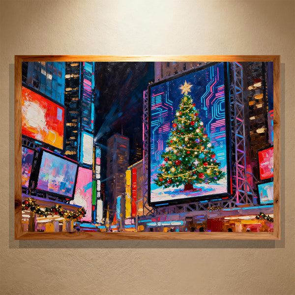 Neon Times Christmas Paint by Numbers – Futuristic Billboard Christmas Tree in Cyber City | PaintEasy