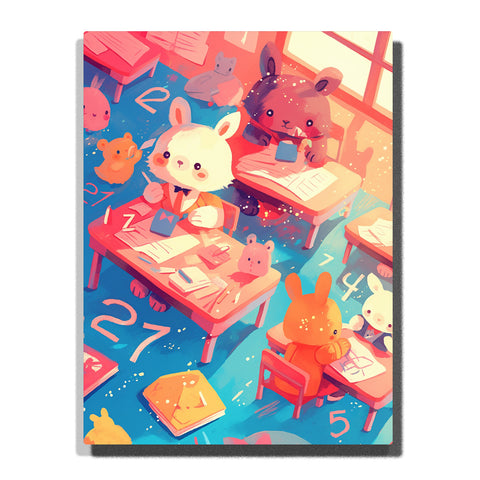 Paint by Numbers Kit – Cute Animal Students Sitting at Classroom Desks Under Soft Warm Light in an Enchanted Whimsical Learning Scene – PaintEasy