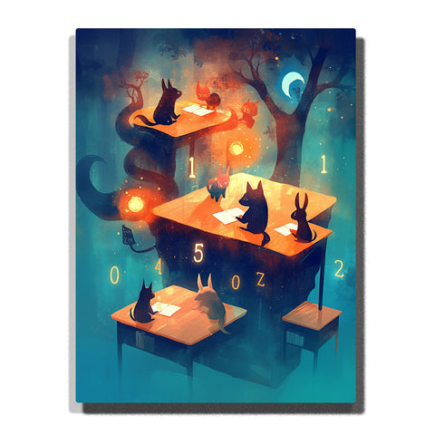 Paint by Numbers Kit – Magical Night Classroom of Cute Shadow Animals Studying on Floating Desks Surrounded by Glowing Numbers and Soft Moonlit Forest Lights – PaintEasy