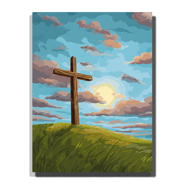 Wooden Cross on Sunset Hill – Peaceful Light & Gentle Evening Skies Paint by Numbers Kit | PaintEasy