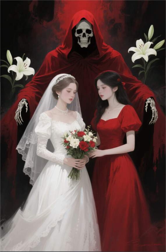 Paint by Numbers：Witness of Death A Bride in a Wedding Dress Standing Beside a Skeleton Symbolizing Her Departed Best Friend, Between Them, Who is Witnessing Whose Eternity Painting Kit