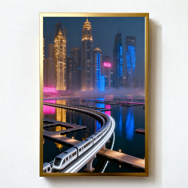 Neon Rails Paint by Numbers | Futuristic City Train & Skyline Reflection Scene