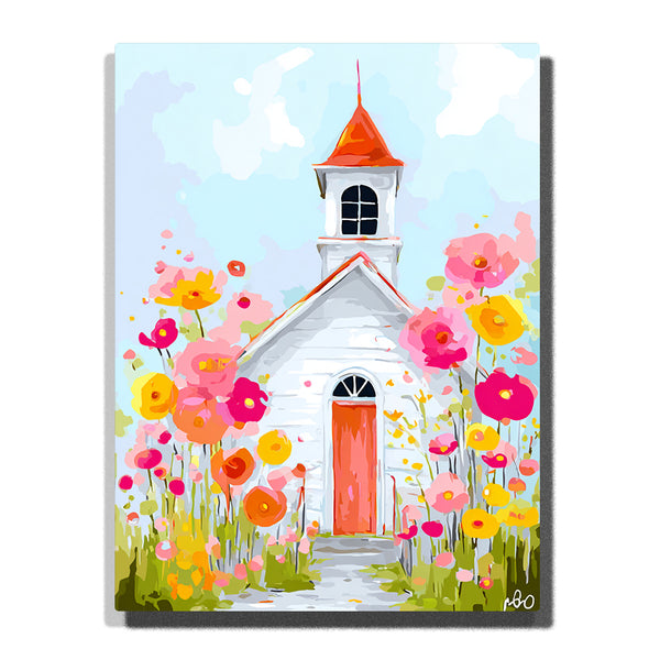 Little White Chapel in Blooming Flower Garden – Bright Spring Faith & Joyful Colors Paint by Numbers Kit | PaintEasy