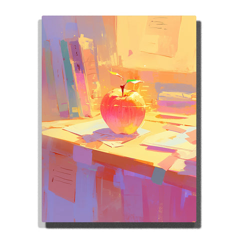 Paint by Numbers Kit – Warm Sunset Light Shining on a Single Red Apple Resting on Papers and Books in a Soft Pastel Classroom Desk Scene – PaintEasy