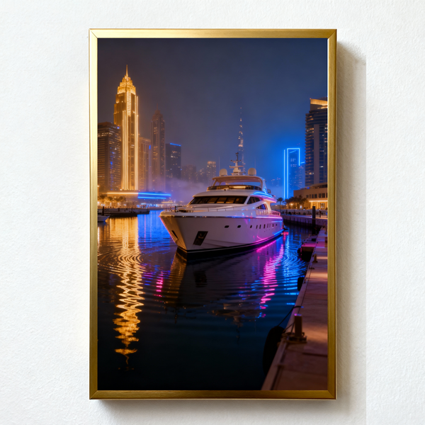 Neon Voyage Paint by Numbers | Luxury Yacht Night Scene with City Reflections
